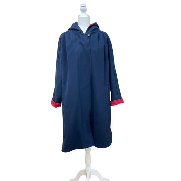 Vintage 80s Forecaster Women's Size L Blue Wool-Blend Oversized Hooded Cape Coat - Picture 1 of 10
